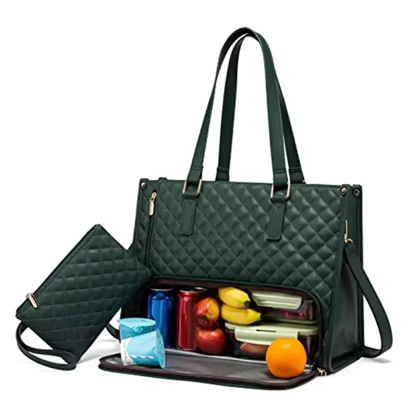 Lunch Tote Bag for Women – 15.6" Laptop Work Bag with Insulated Lunch Compartment, Quilted Handbag for Office, Travel & Daily Use