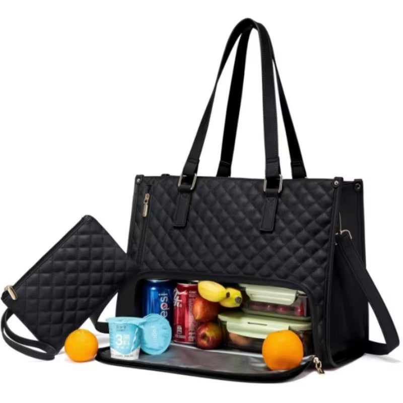 Lunch Tote Bag for Women – 15.6" Laptop Work Bag with Insulated Lunch Compartment, Quilted Handbag for Office, Travel & Daily Use