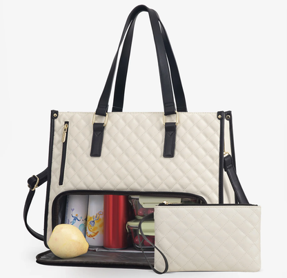 Lunch Tote Bag for Women – 15.6" Laptop Work Bag with Insulated Lunch Compartment, Quilted Handbag for Office, Travel & Daily Use